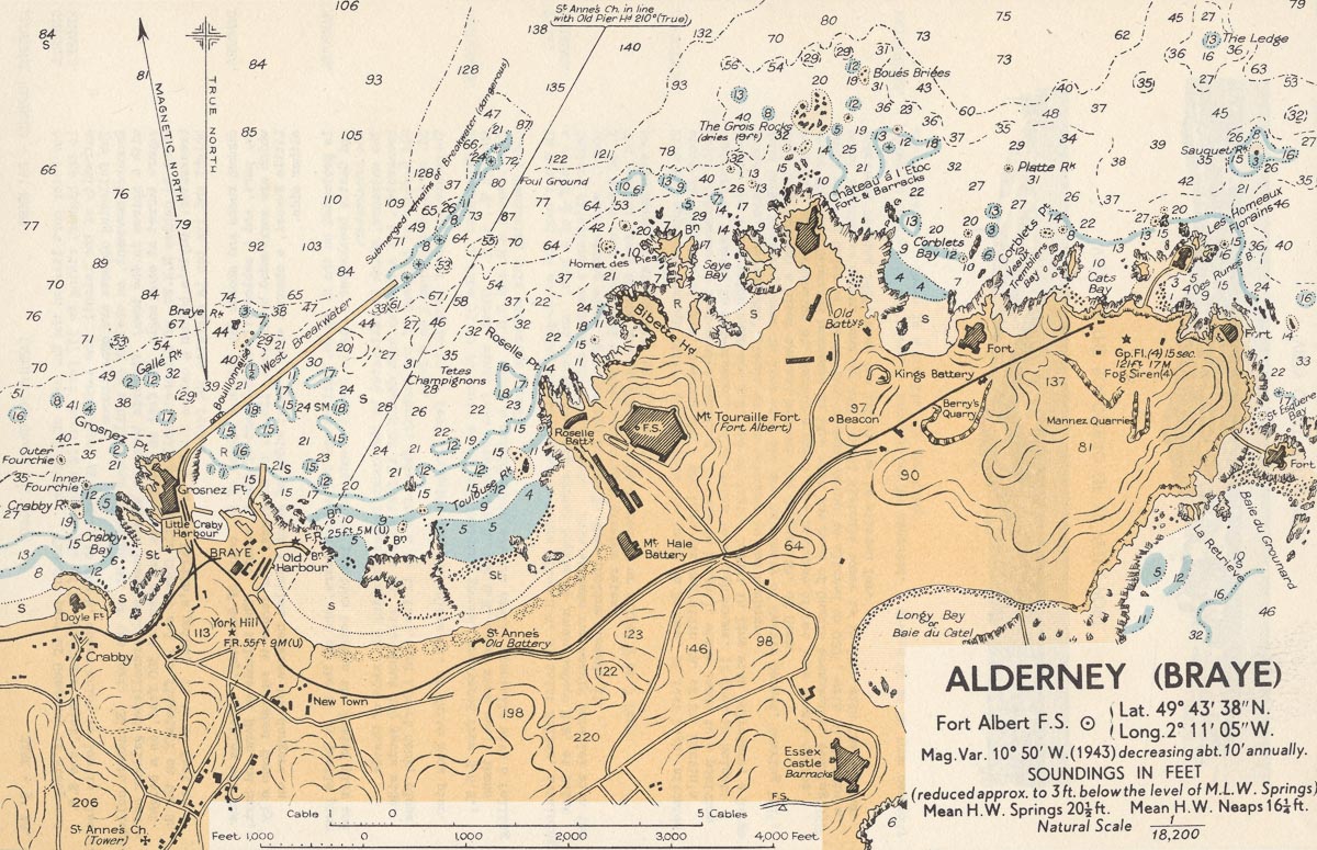 Map of Alderney from The Channel Handbook, British Admiralty, 1943.